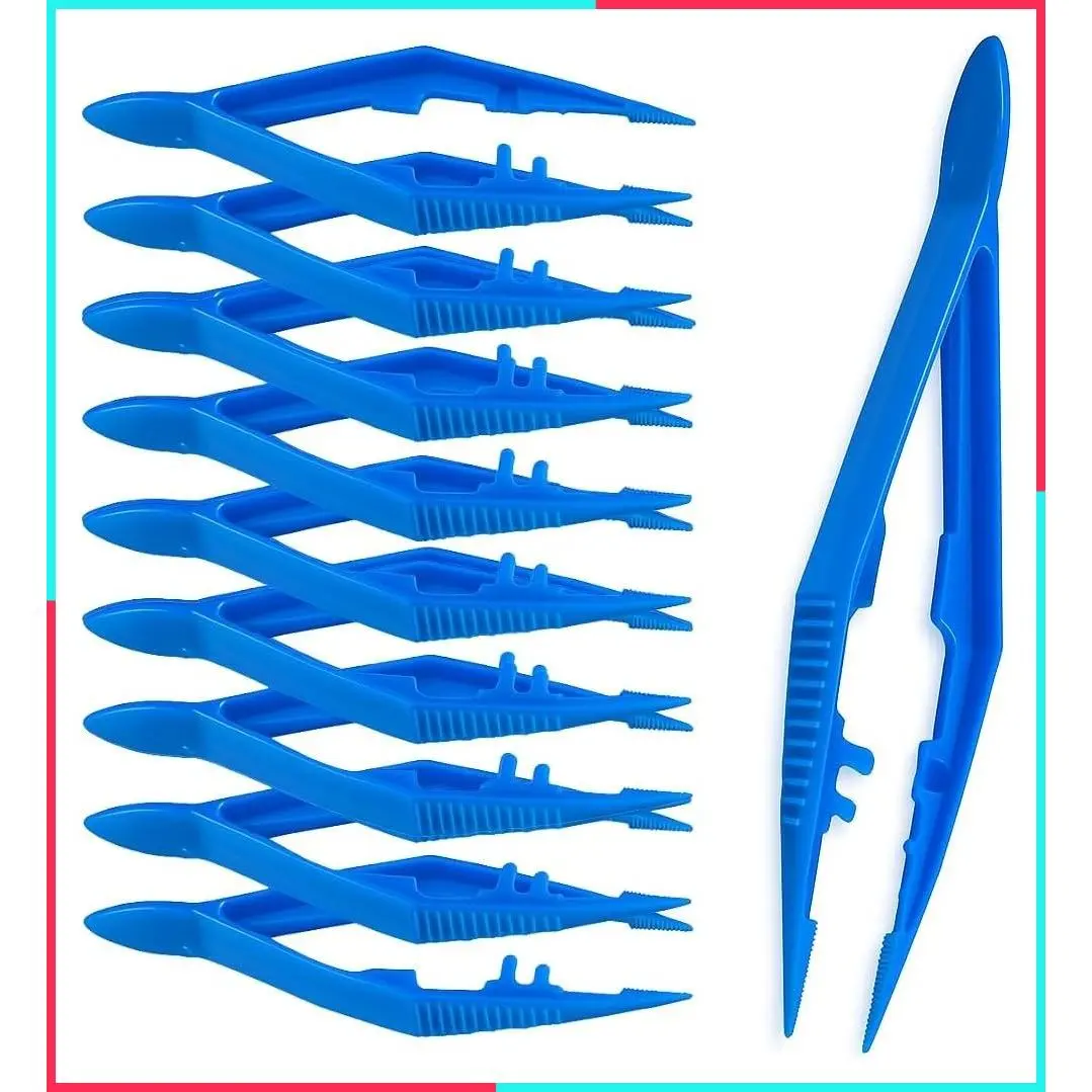 Disposable Plastic Forceps Tweezers Blue (10 Pack) – Serrated Tip Pickup Tweezers with Finger Ridges & Narrow Points for First Aid, Medical, Lab, Crafts & School Science