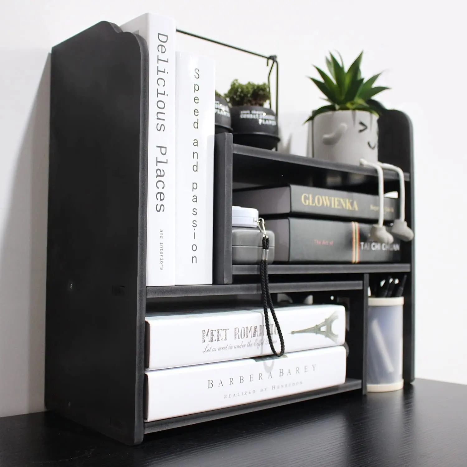 Adjustable Desktop Shelf Organizer, 3-Tier Expandable Desk Shelf, Black