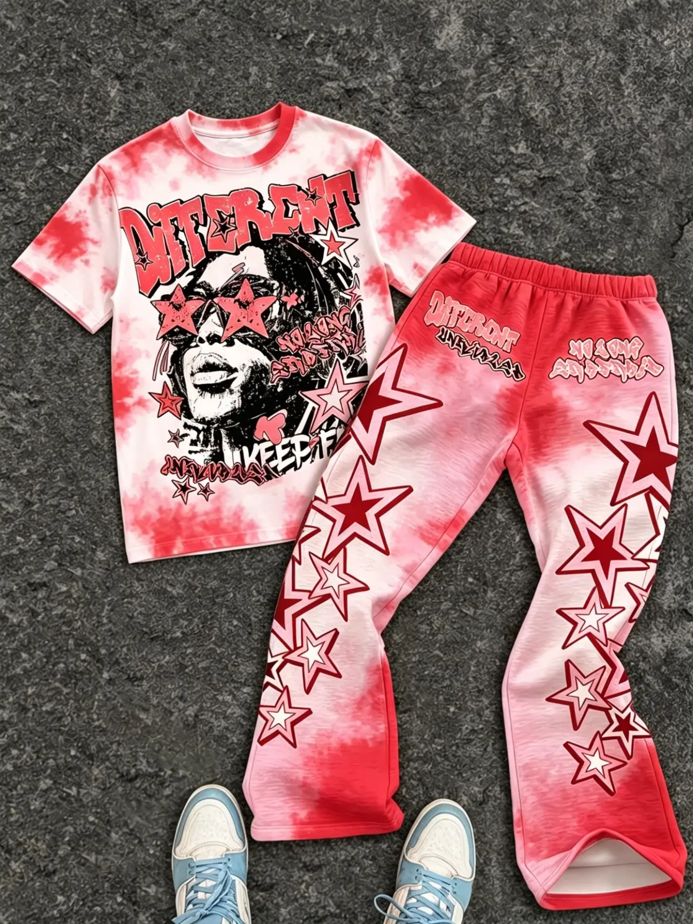 Vintage Tie-dye Hip Hop Men Matching Tracksuit, Cozy Stretch Moisture-wicking Fabric, Different Portrait Star Red Tie Dye Print Tee Flare Pants, Adult Men For Club Outing Trendy Street Look, Hot Trending Retro Washed Mens Streetwear