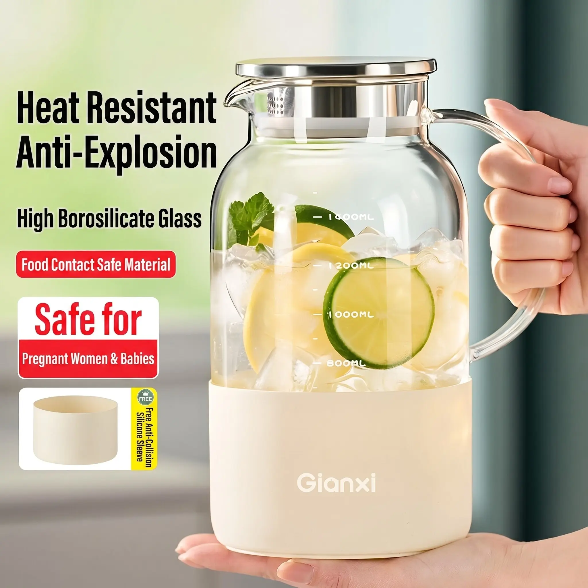 Borosilicate Glass Pitcher with Silicone Base, Heat Resistant Cold Water Carafe with 304 Stainless Steel Filter Lid, Large Capacity Juice Tea Infuser Pitcher for Hot & Cold Beverages Drinkware