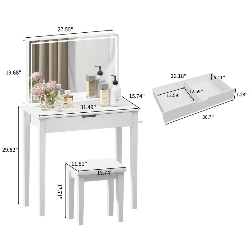[Bellemave]Vanity Desk Set With Mirror For Makeup, Makeup Table With 1 Drawer Storage Cosmetics, Vanity Dressing Table For Bedroom With Dimmable LED Light With Stool,White Finish