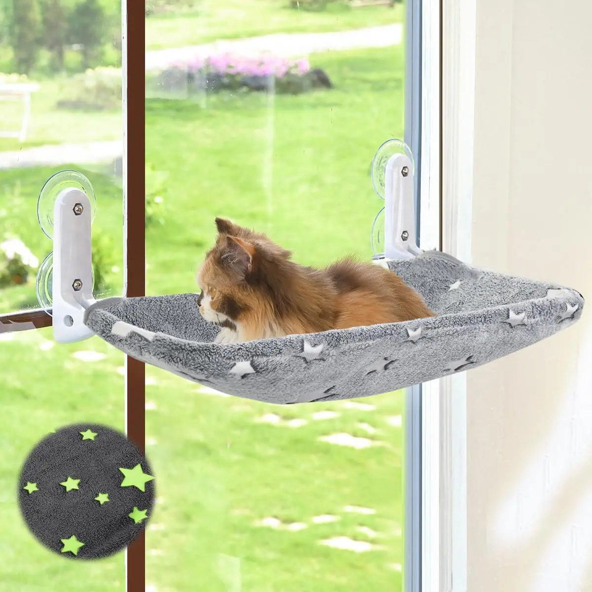 Luminous Starlight Pattern Cat Window Perch, Wireless Foldable Pet Hammock Rest Bed With Sturdy Metal Frame, Indoor Sunbathing Cat Seat, Size M Pet Supplies