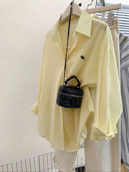 Women's Striped Embroidered Casual Shirt, Stylish Long Sleeve Button Front Top, Perfect for Daily Wear & Office, Clothes