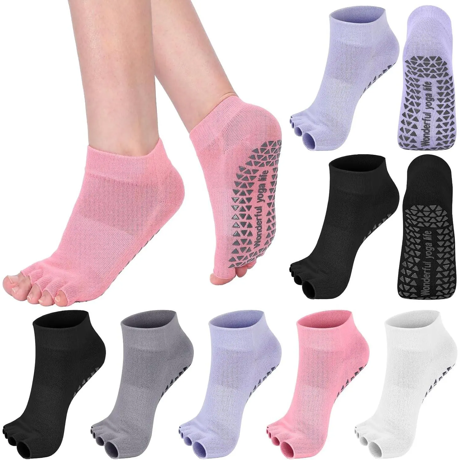 5 Pairs Toeless Pilates Yoga Socks with Grips(Gift)