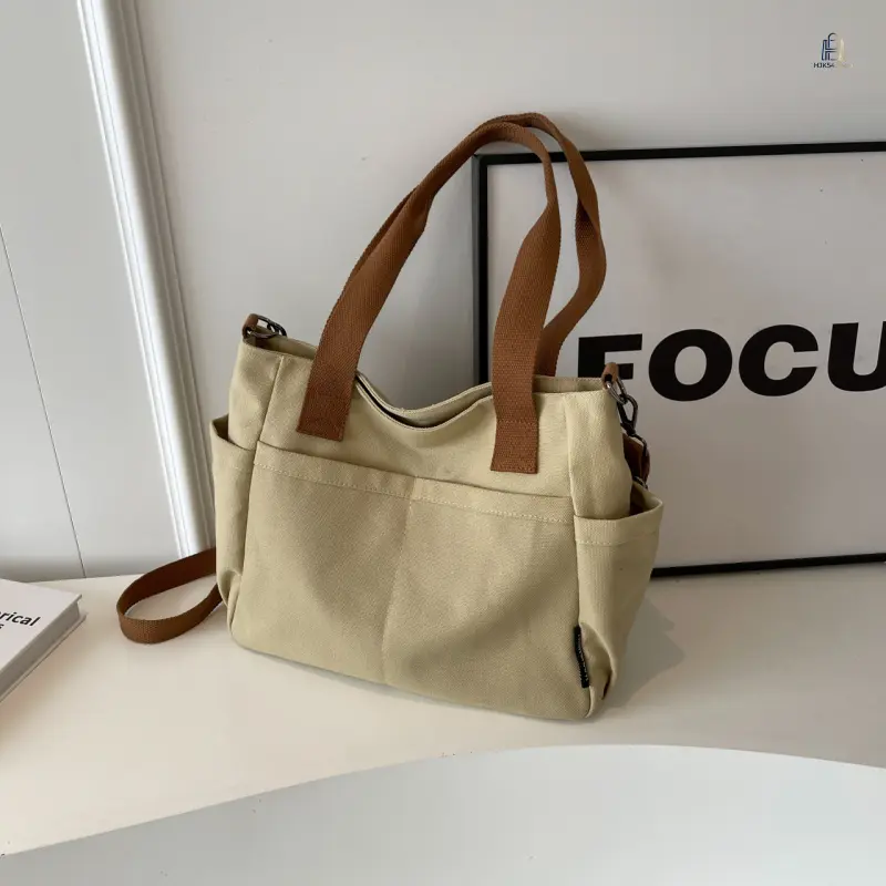 Canvas Tote Bag Daily Commute Shoulder Bag Minimal Multi Pocket Crossbody Handbag Portable Laptop School Handbag Thickened Large Capacity Multiple Carry Ways for Office Campus Shopping Travel