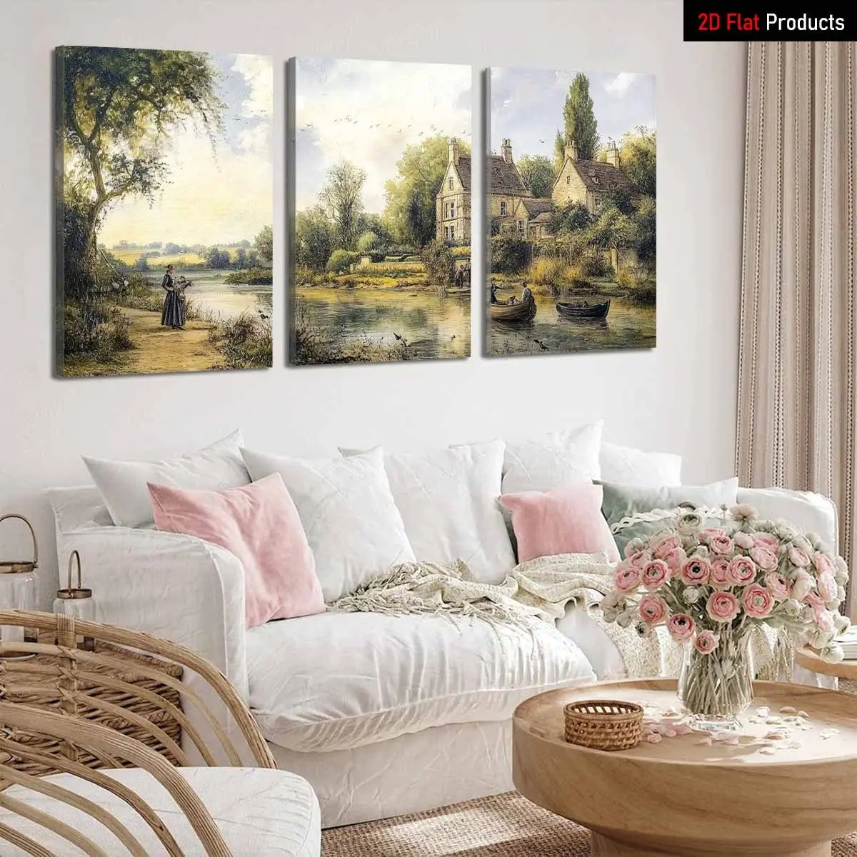 3-piece large-sized framed canvas wall art set - modern farmhouse rustic style painting, rural landscape print, with pine wood frame, ready-to-hang triptych panel, 2D flat design, perfect for room decoration
