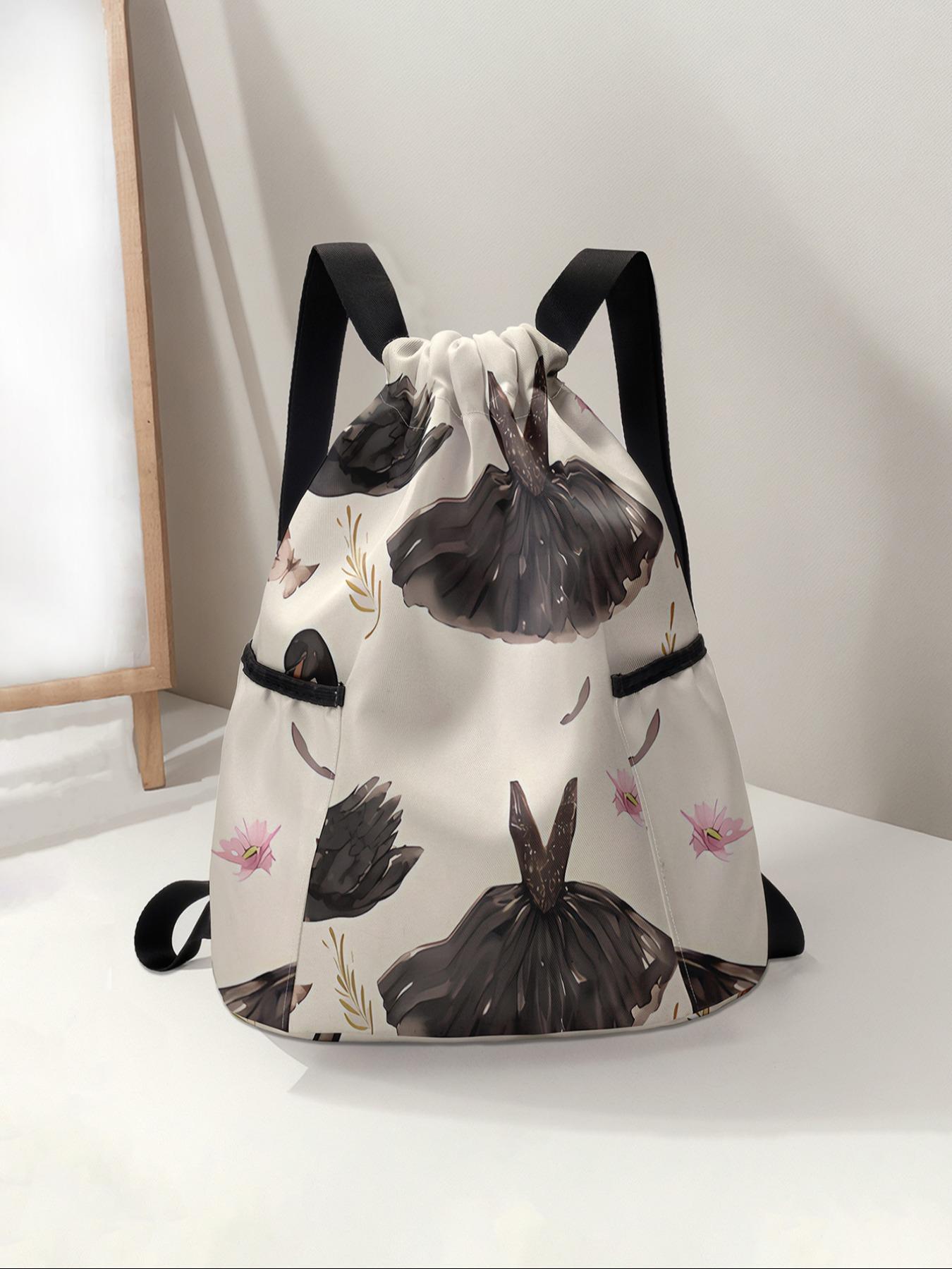 Swan Print Drawstring Backpack, Large Capacity Durable Fitness Bag, Adjustable Straps, Sports Beach Bag for Men & Women