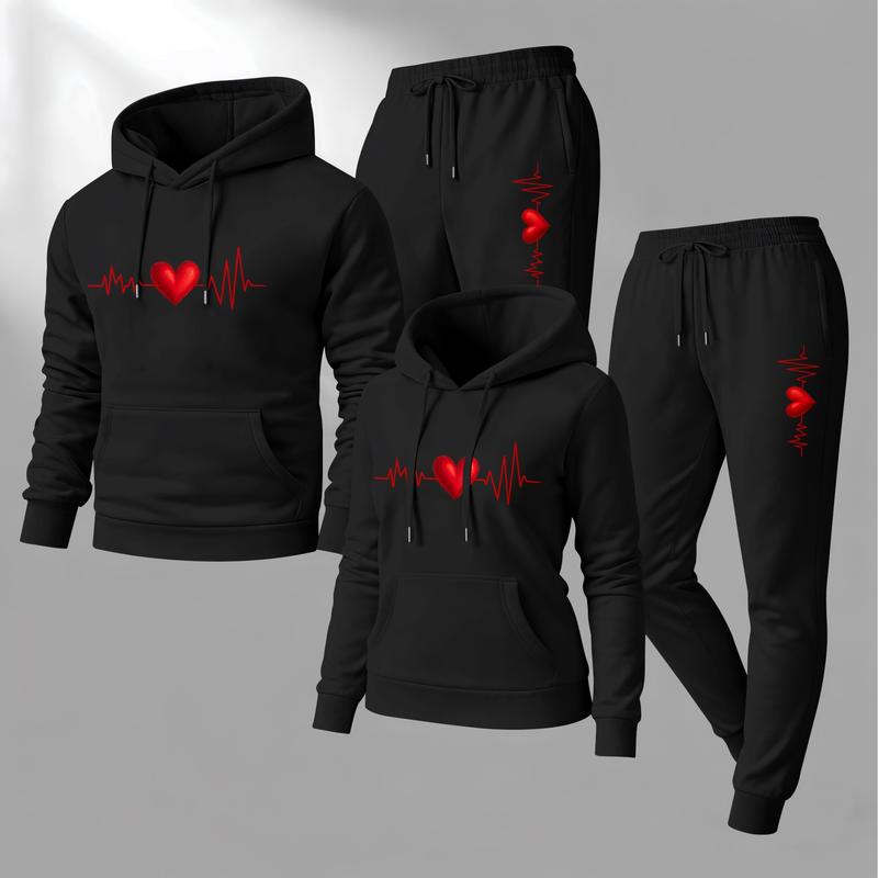 Couple's Heartbeat Print Hooded Sweatshirt and Drawstring Sweatpants Set, Casual Sportswear, Long-Sleeve Hooded Jacket and Pants, Suitable for Autumn, Winter, and Spring, Everyday Wear, Tracksuit, Casual Athletic Wear