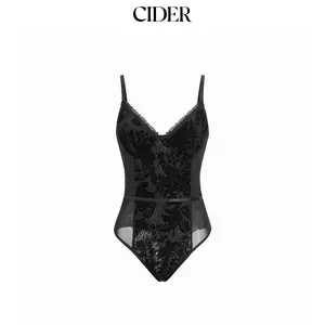 Cider Mesh Floral V-neck Lace Trim Cami Bodysuit