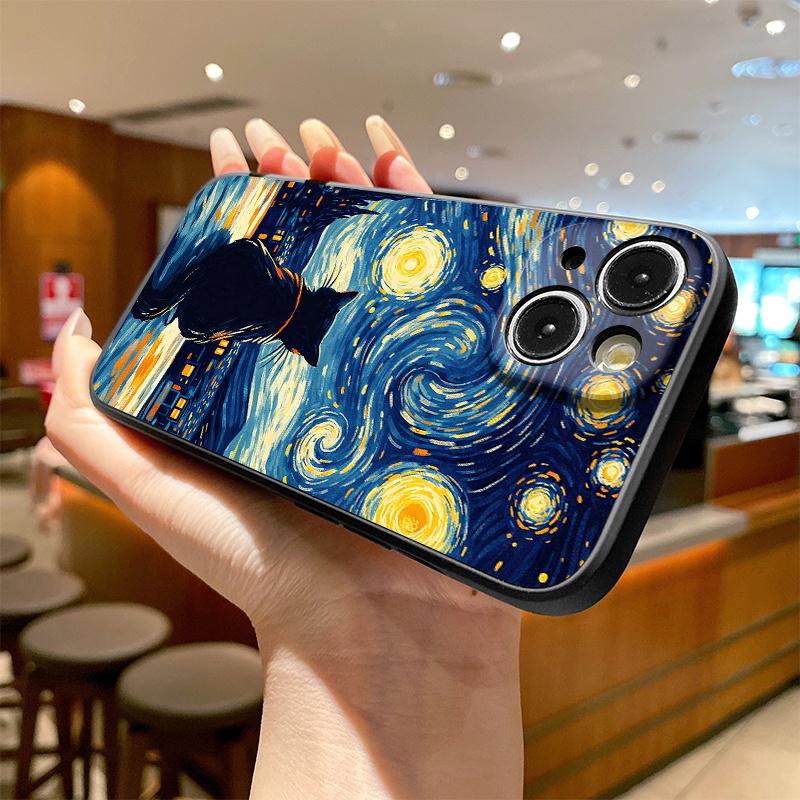 Phone Case - Matte Frosted Phone Case, featuring a scene of a black cat gazing at a starry sky in a village, compatible with iPhone models from 17 to 11 and X series. It has a liquid simulation texture, is skin-friendly and fingerprint-resistant