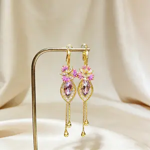 LovedenPurple Floral Tassel Drop Earrings for Women, Copper Alloy Gold Plated Dangle Earrings with Purple Crystal, Elegant Wedding Party Jewelry Gift