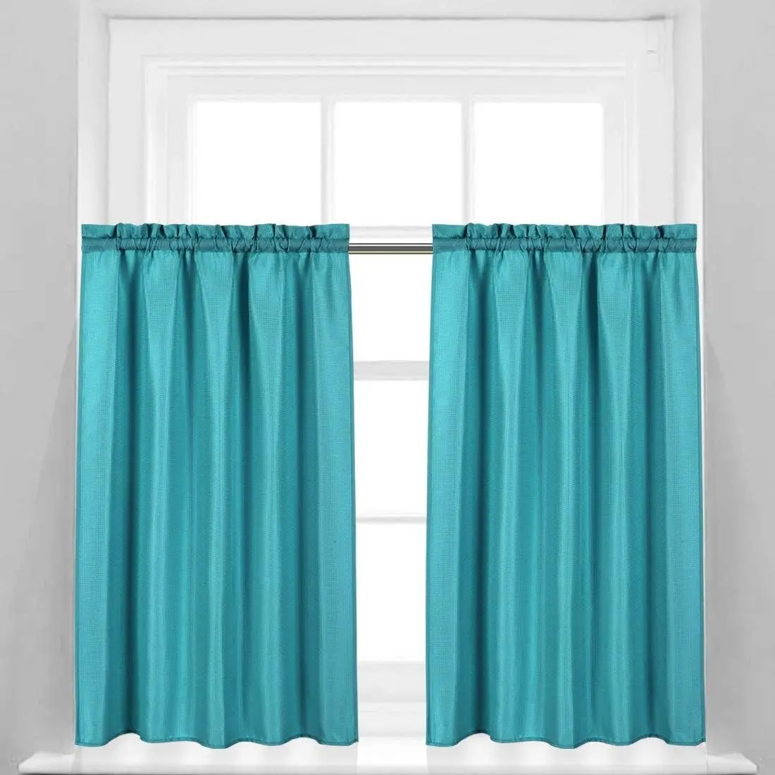 Waffle Weave Textured Bathroom Window Curtains Water Repellent Short Curtains Window Covering Half Window Curtains Kitchen Tiers 45 inch Length, Turquoise, Set of 2