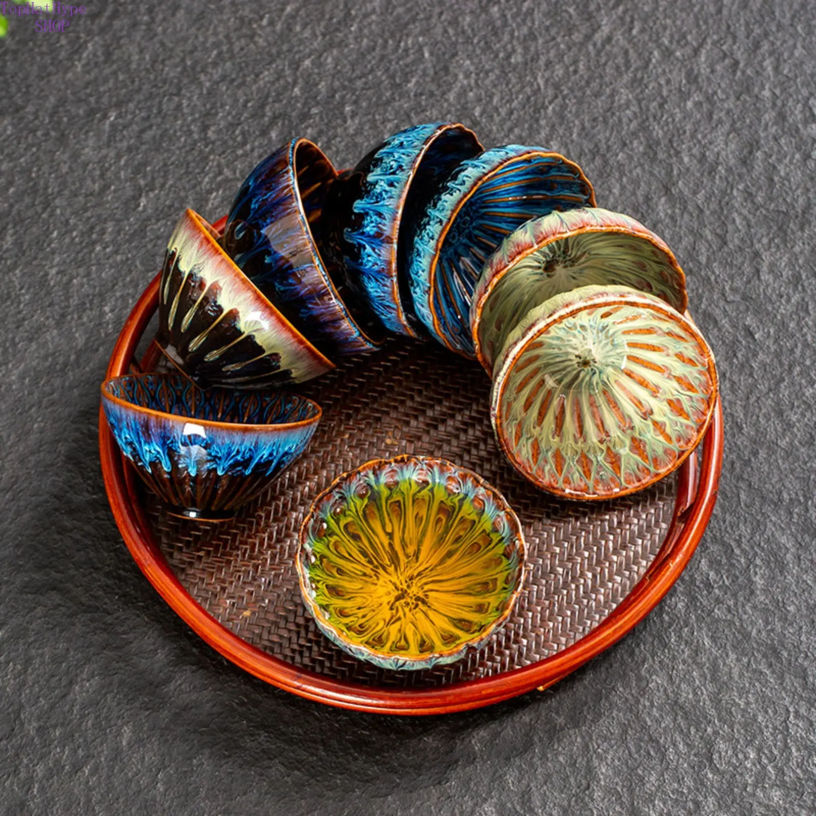 Kiln Flowing Glaze Peacock Ceramic Tea Cup, Handcrafted Kung Fu Tea Gaiwan Teacup, Elegant Personal Master Tea Vessel, Luxury Artisan Drinkware For Home Daily Tasting & Gifting, Bulk Wholesale Classic Tea Accessories