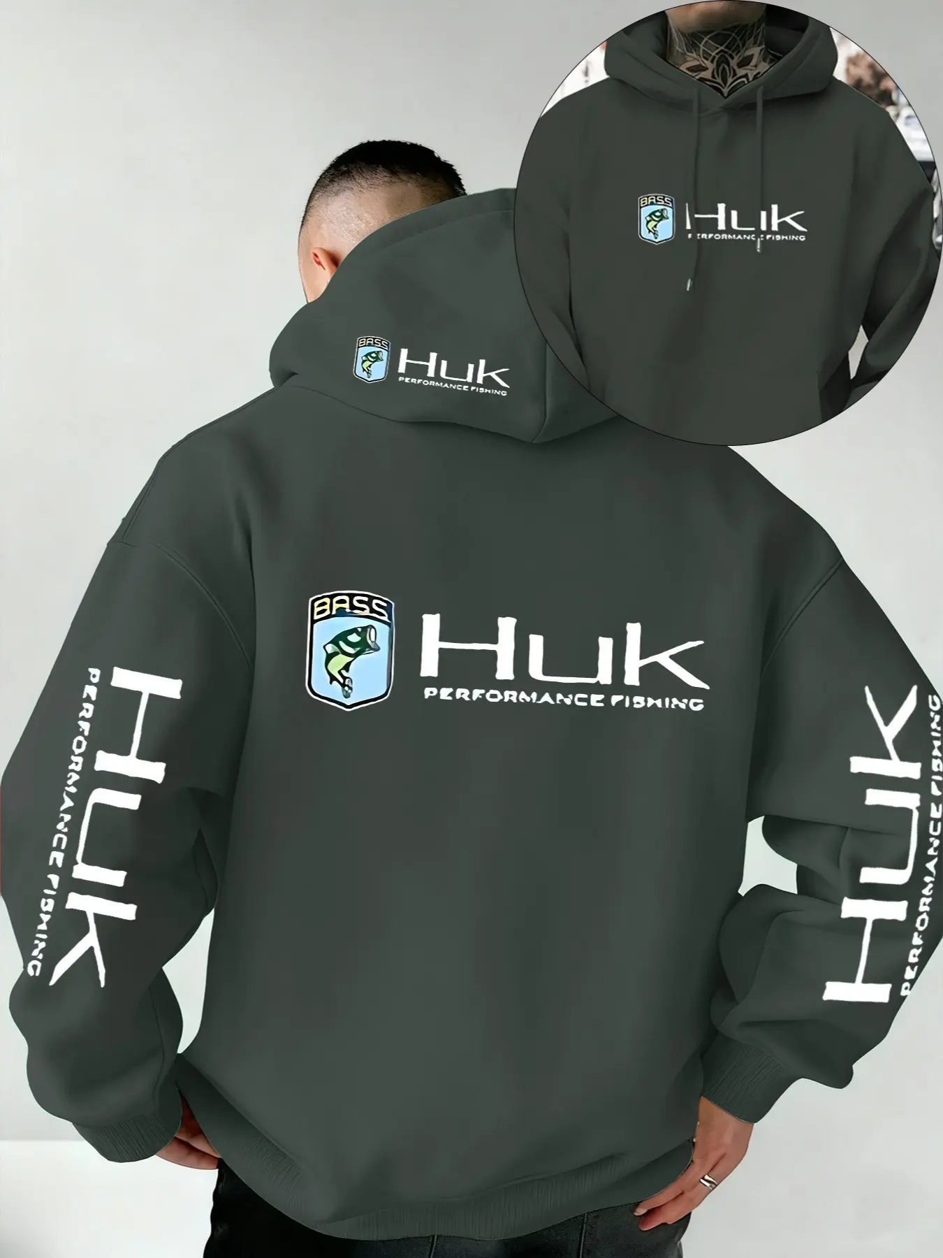 "huk" Letter Print Men's Hoodie, Soft Stretch Knit Fabric, Standard Fit, Casual Daily Wear, Four-Season Hooded Clothing, Fun Style, Essential for Young Adults
