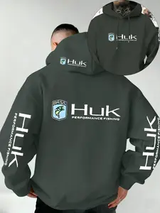 "huk" Letter Print Men's Long Sleeve Hoodie, Soft Stretch Knit Fabric, Standard Fit, Casual Daily Wear, Four-Season Hooded Clothing, Fun Style, Essential for Young Adults