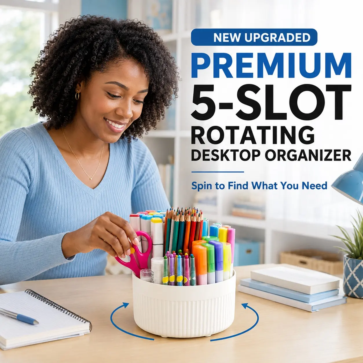 360 Degree Rotating Desk Organizer, Plastic Office Desktop Storage Box, 5 Compartments, Durable Odorless, Luxury Striped Design
