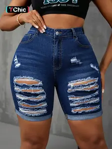 Women's Plus Size Stretch Dark Wash Denim Shorts, Cat Scratch Ripped Design, Elastic Fabric, Rolled Hem, Slim Fit, Casual Style, Summer Wear