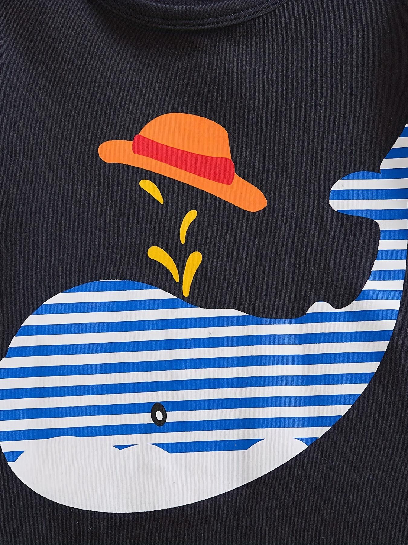 Boys' Casual Summer Outfit - Cute Cartoon Design with Whale & Hot Dog Graphic - Short Sleeve T-Shirt & Whale Shorts Set - Blue & White Striped Pattern - Regular Fit for Casual Attire - Boy Shorts - Everyday Kids Clothing - Playful Kids Fashion -