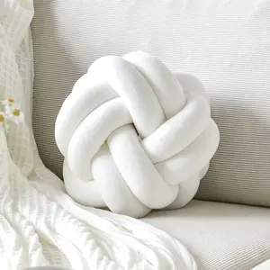 Soft Handmade 8 Inch White Round Knotted Ball Decorative Throw Pillow Cushion for Modern Home Bedroom Sofa Couch Decor
