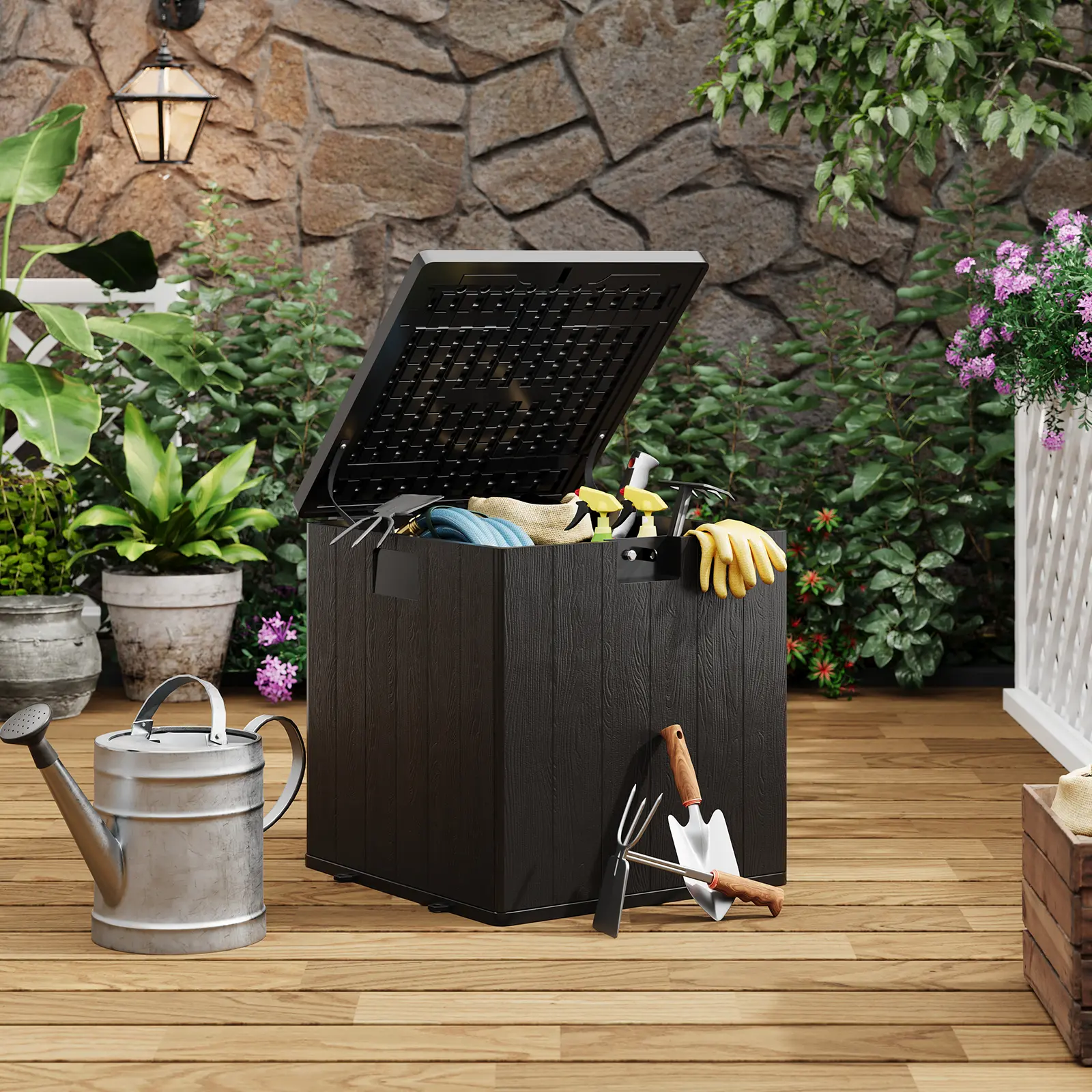 28 Gallon Deck Box, Waterproof Outdoor Storage Box with Lockable Lid, Large Plastic Deck Box for Patio, Balcony, Garage, Bedroom Indoor & Outdoor Organization
