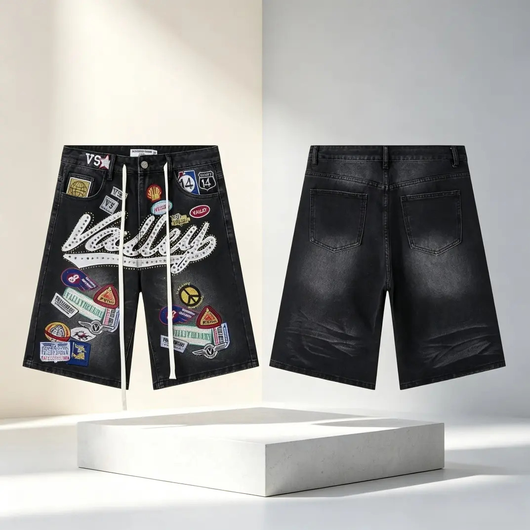 Trending Vale Forever Valley Rhinestone Denim Cargo Shorts Oversized Patchwork Y2K Hip Hop Streetwear Loose Fit Washed Jean Shorts Casual Summer Bottoms for Men Women Fashion Gift