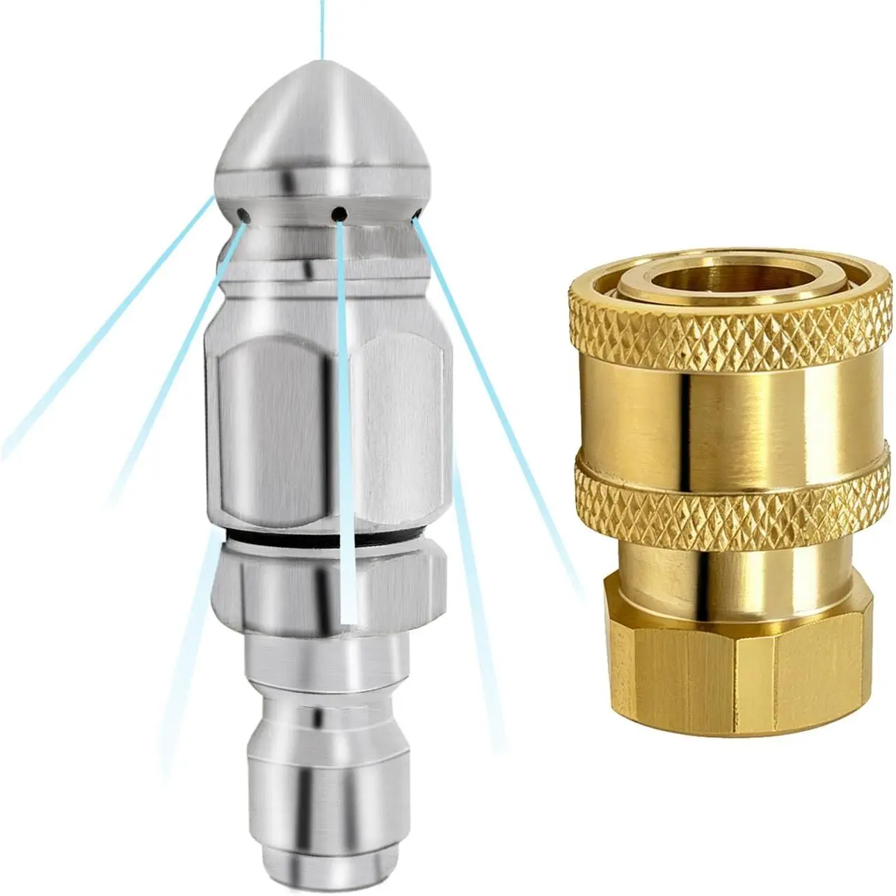 2 Pack Sewer Jetter Nozzle with  Washer Coupler, Stainless Steel 1/4'' High  Drain Jetter Hose Nozzle, With Brass 1/4'' NPT  Connector, 5000 PSI