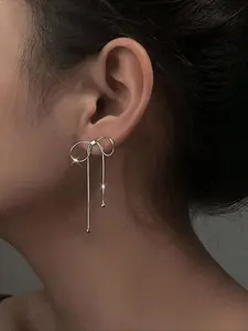 Thin Bow Long Drop Dangle Earrings Silver Asymmetrical Linear Ball End Stud Earrings Minimalist Elegant Daily Dating Wedding Premium Gift for Her.
