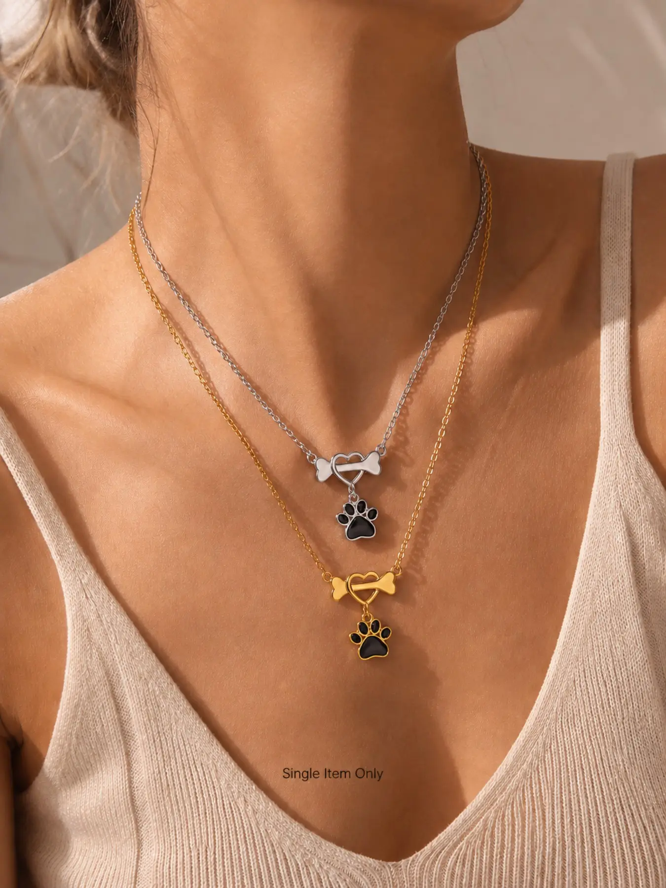 1PC Cute Bone Heart Paw Pendant Necklace for Women, Gold-Tone or Silver-Tone Pet Lover Charm Choker, Costume Jewelry Necklace, Back to School Gift, Bridesmaid Gift