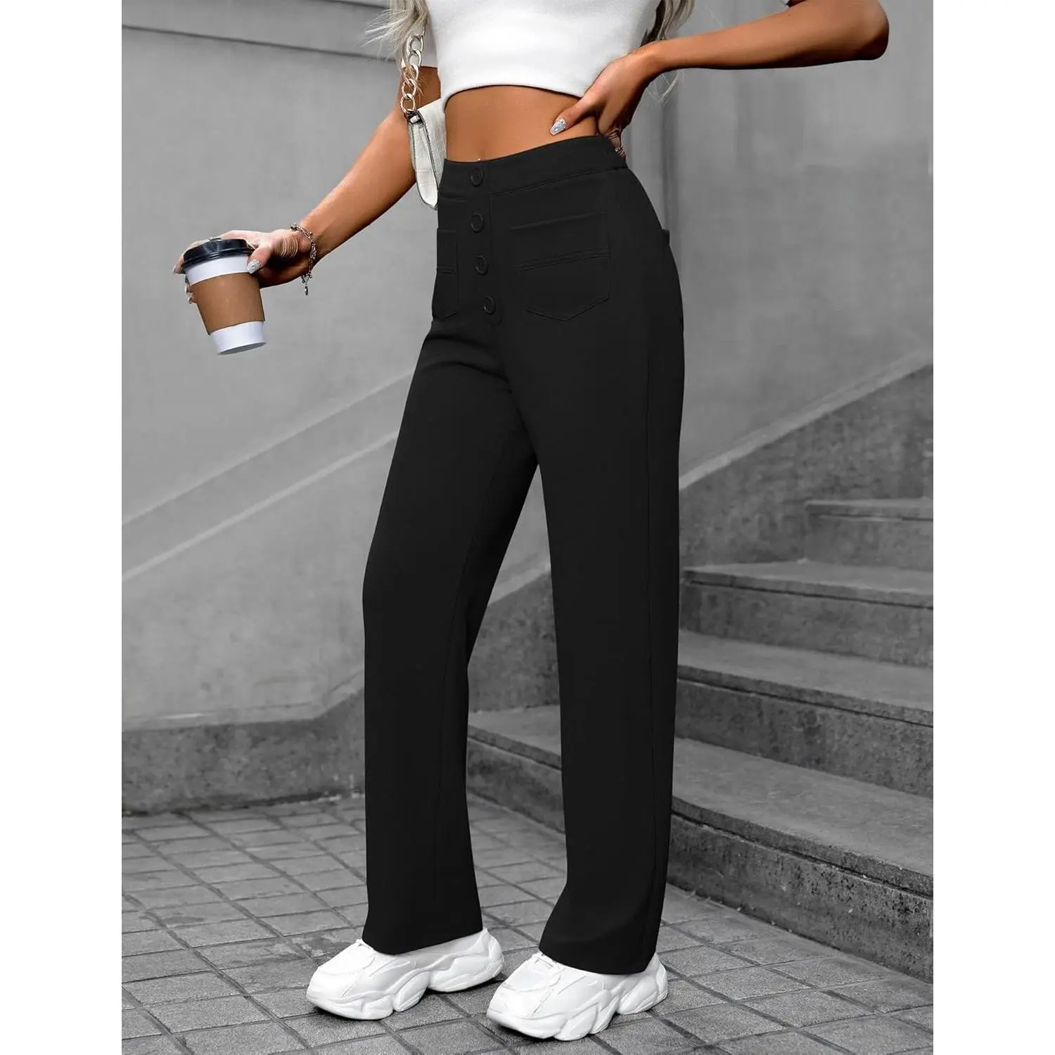 Women's High Waisted Straight Leg Pants Button Stretchy Business Work Casual Trousers with Multiple Pockets Spring PantsGift