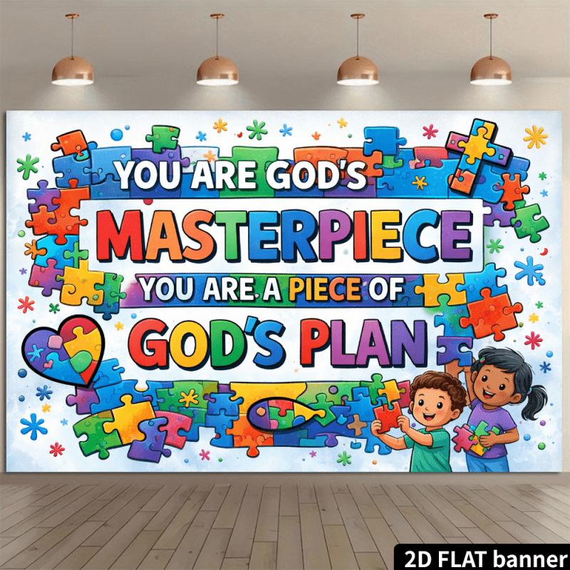 A 2D Colorful Puzzle Fish Backdrop with a Religious Theme, Featuring a White Base with a Colorful Puzzle Border, Multicolored Artistic Text, Colorful Puzzle Pieces, Colorful Puzzle Fish, Colorful Puzzle Hearts, Co