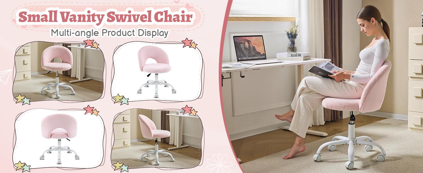 VINGLI Small Vanity Chair with Faux Fur Wheels for Girls,Cute Adjustable Height Armless Office Desk Chair,360°Swivel Comfy Rolling for Study,Make up Room,Small Space VINGLI Small Vanity Chair with Faux Fur Wheels for Girls,Cute Adjustable Height Armless Office Desk Chair,360°Swivel Comfy Rolling for Study,Make up Room,Small Space