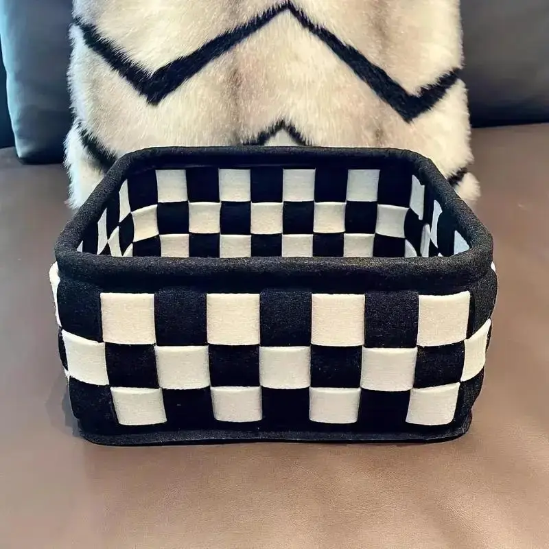 Checkered Versatile Storage Basket, Desktop Cosmetics Organizer, Snack Tray, Bedroom Clothes Storage, Shelf Holder Basket