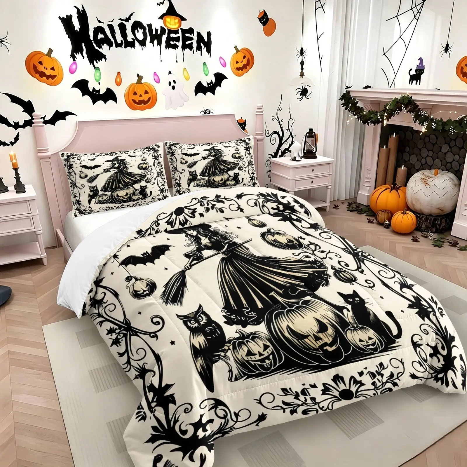Halloween Gothic Witch Quilted Comforter Set, Include 1 Quilt Core and 1/2 Pillowcases, Retro Black White Pumpkin Black Cat Owl Pattern Holiday Decor Duvet,  Spooky Halloween Bedroom Bedding, Moderate Thickness, All seasons Use