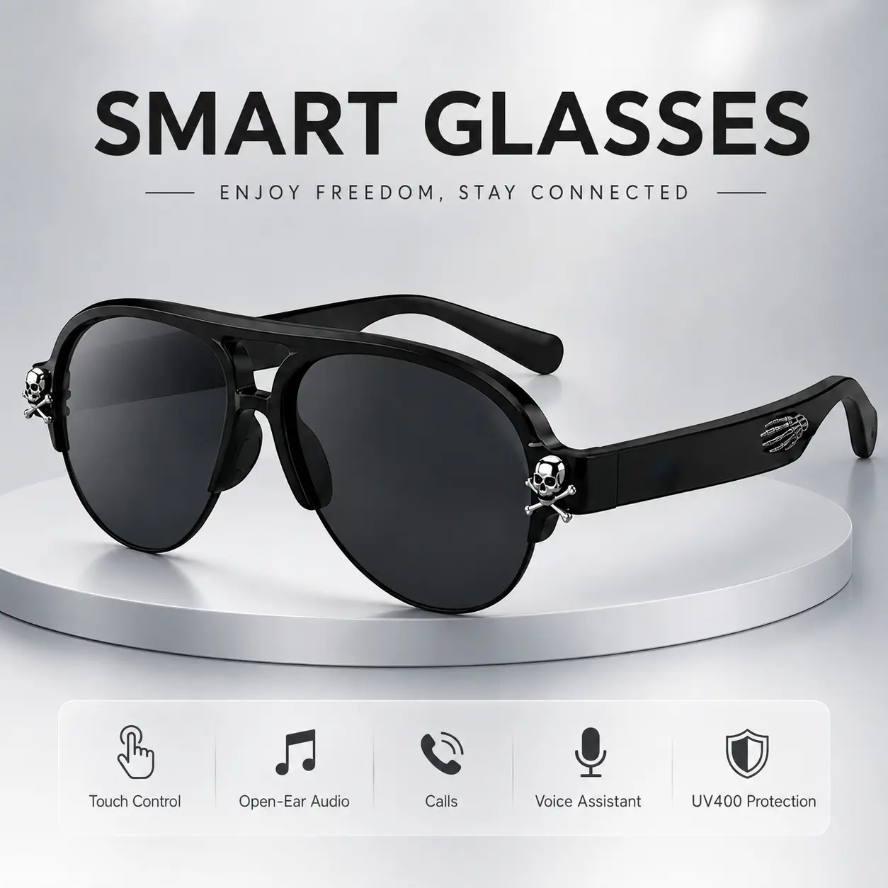 Gothic Skull Smart Glasses for Men Women, Bluetooth Open-Ear Sunglasses with Music, Calls, Voice Control, Touch Control and UV400 Protection
