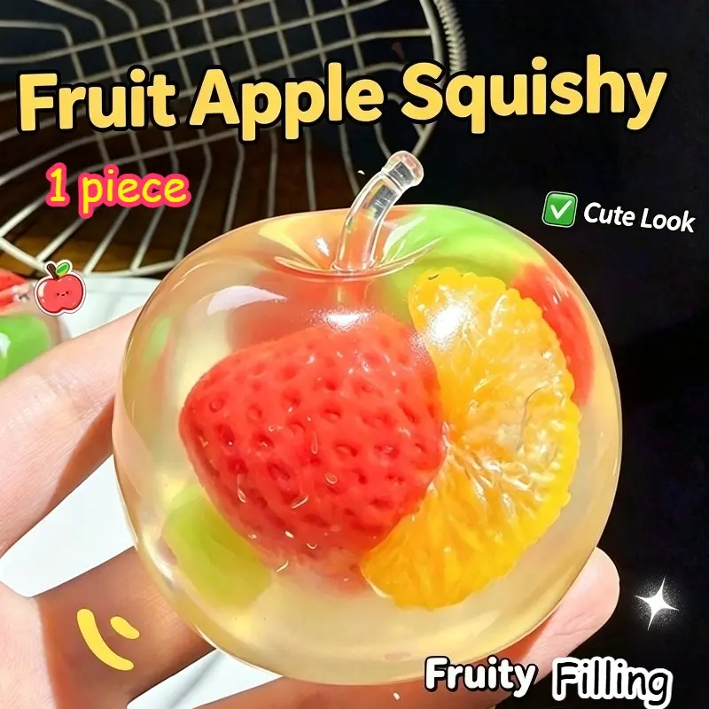 Coconut Oil Apple Squishy, Filled with Strawberry / Orange / Kiwi, Moldable Fruit Stress Ball, Soft Squeeze Fidget Toy, Cute High‑Quality Stress Relief Toy