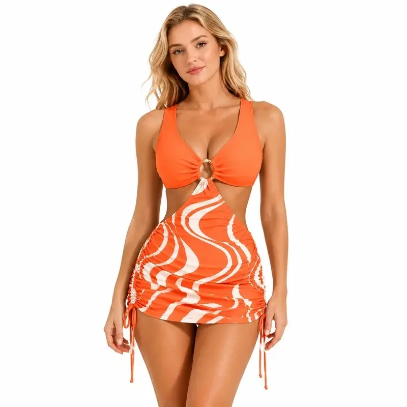 Women Two Piece Swim Dress Set Orange Wavy Print Front Ring Cutout Top Ruched Drawstring Skirt for Beach Pool Vacation WearBeach photography