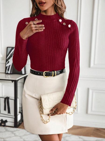 Women's Slim-Fit High Neck Long Sleeve T-Shirt, Button Decorated Top for Spring & Fall, Contemporary Plain Design, Casual Top, Casual Business Top