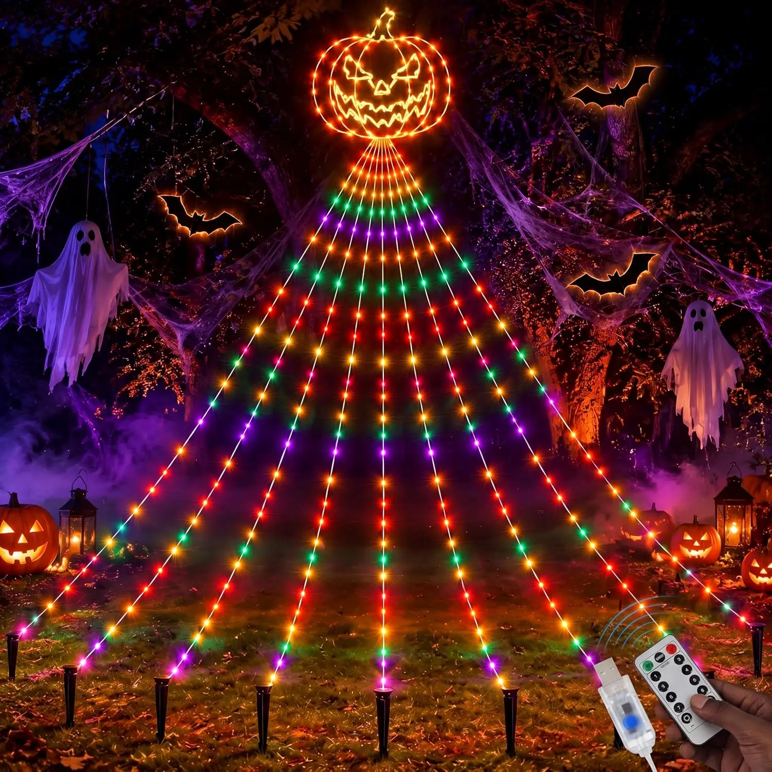 Halloween Pumpkin Waterfall String Lights, 14FT 270 LED | Halloween Pumpkin Waterfall String Lights USB  Outdoor Lights with Remote Timer Fall Thanksgiving Decor for Tree Yard