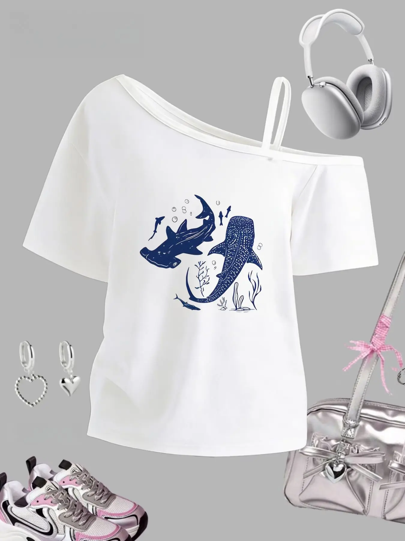 Deep Sea Whale Shark Ocean Illustration Girls' One-Shoulder Strapless Short Sleeve Top, Y2K Style, Casual Fashion, Slim Fit, Spring Summer 2026 New Arrival