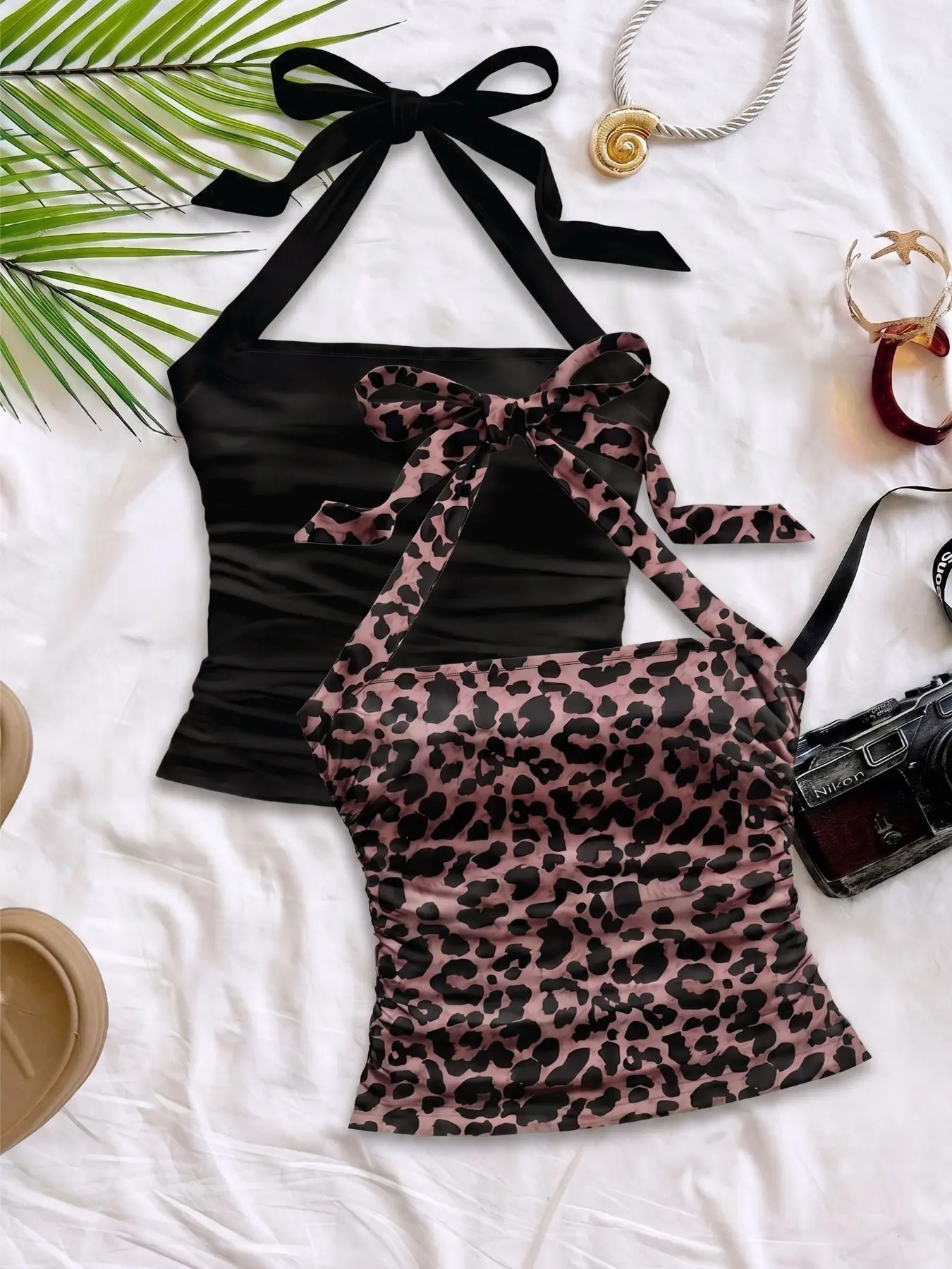 2 Pack Leopard Print & Black Halter Neck Tops, Bow Tie Ruched Slim-Fit Backless Sleeveless Camis, High-Stretch Polyester Y2K Coquette Chic Summer Going-Out Tops for Party Beach Vacation Casual Streetwear Style, boho tank top, Underwear, Women