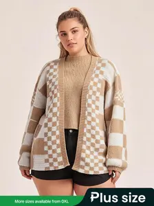 Plus Size Women's Plaid Patchwork Knit Dress, Casual Loose-Fitting V Neck Sweater, Fall & Winter Fashion, Thick Fabric, Knitwear