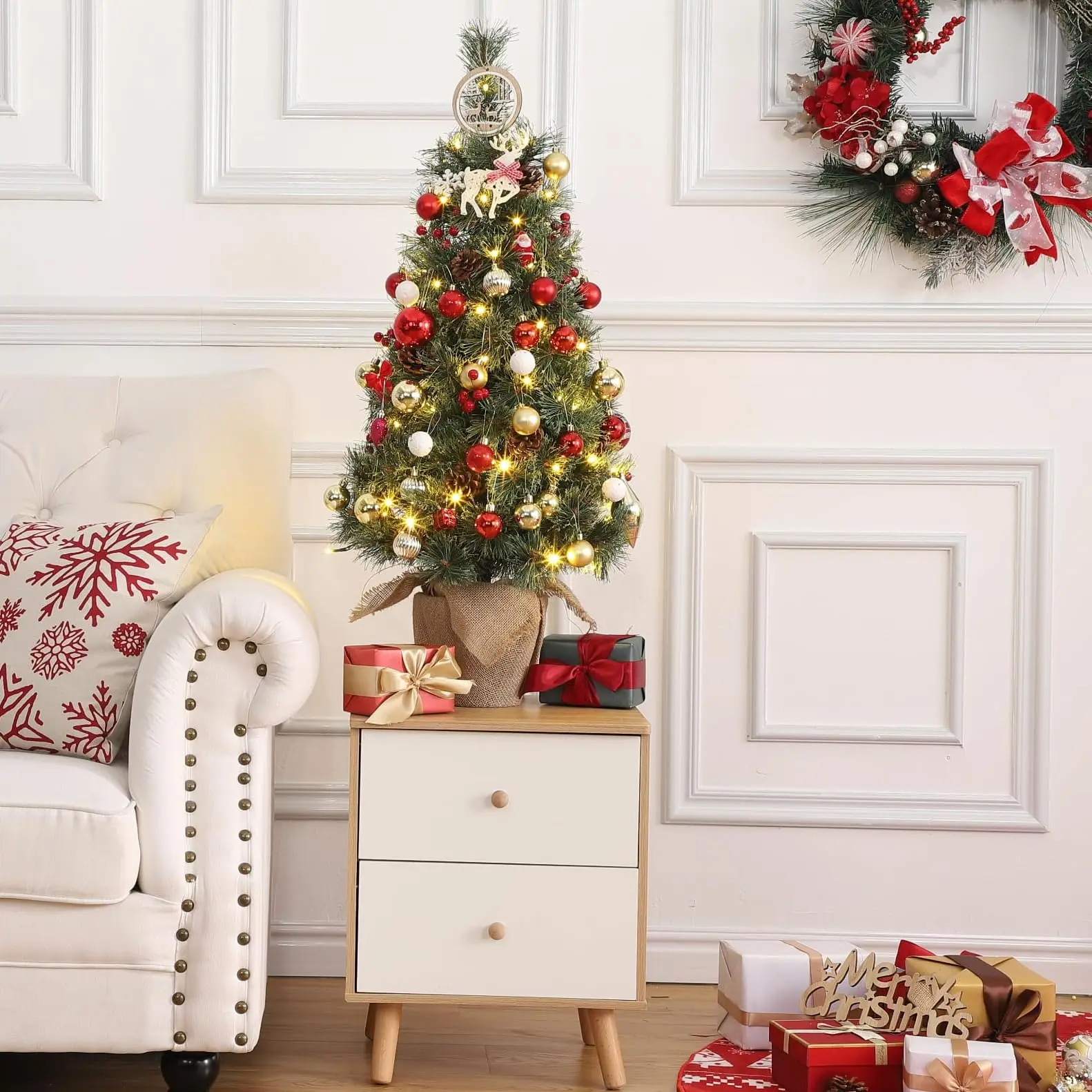 3 Ft Prelit Small Christmas Tree, Table Top Decorated Xmas Tree with Warm White Lights, Pine Cones, Red Berries, Mini Burlap Potted Artificial Christmas Tree for Desktop