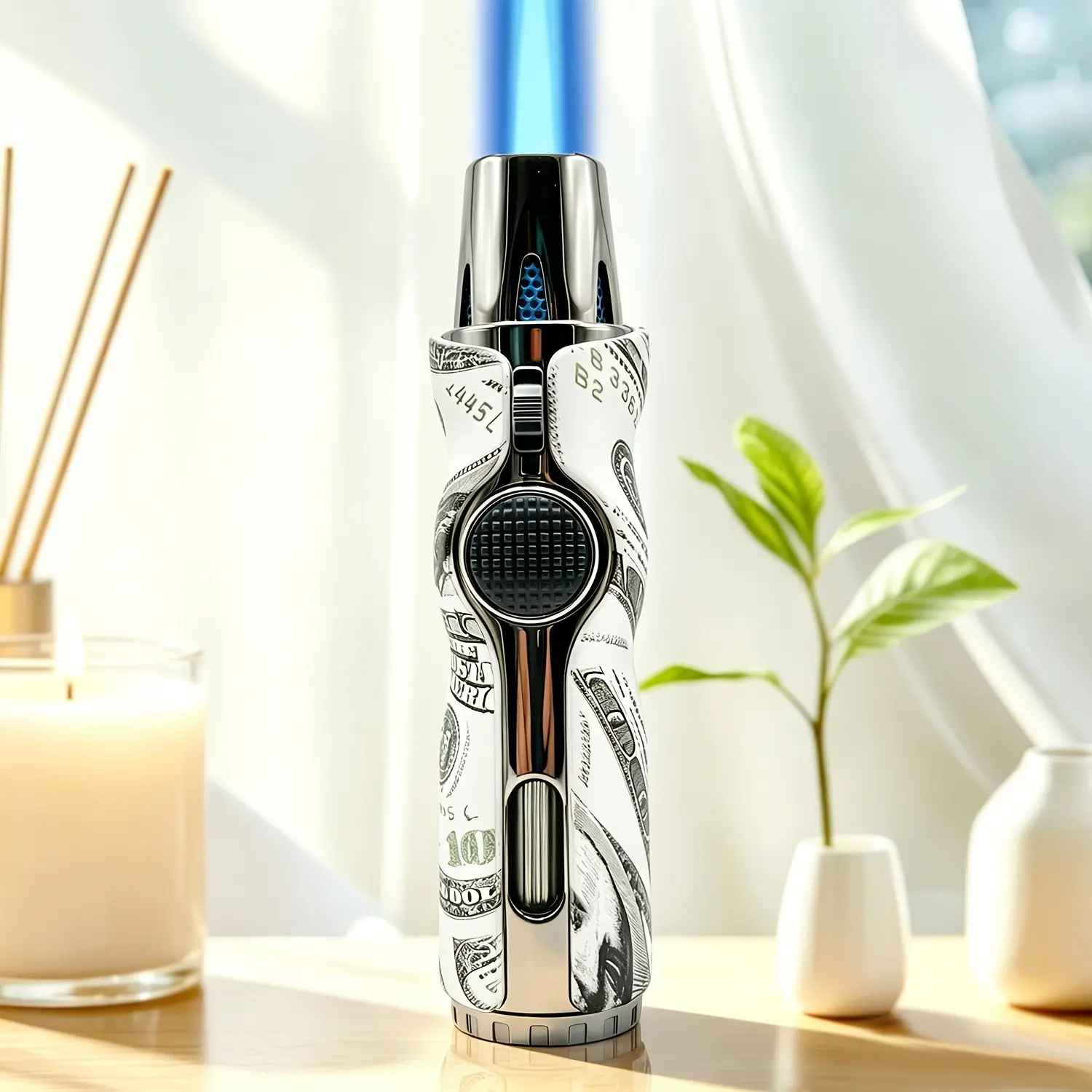 (Butane Not Included) Metal Lighter, Creative Rich Pattern Ergonomics Streamlined Design Polished Windproof Refillable Butane Jet Blue Flame Lighter Made of Zinc Alloy, Easier for Better Camping Barbecue Candles