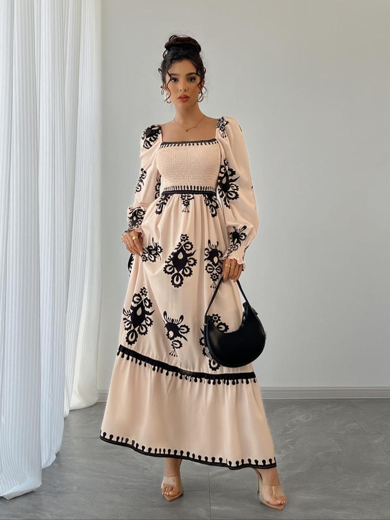 Women's Vintage Floral Lantern Sleeve High Waist Dress, Square Neck Shirred Design, Valentine's Day Party Elegant