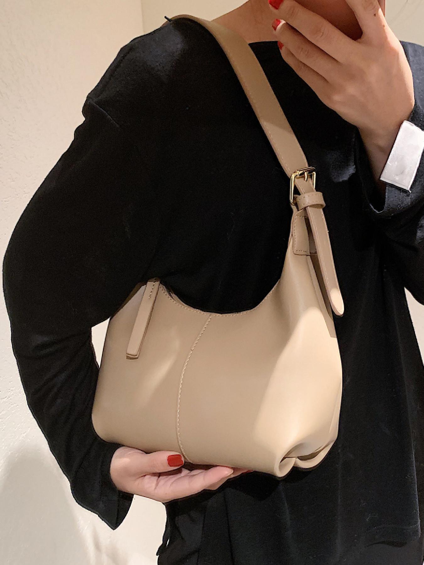 Women's Simple Style Solid Color Hobo Bag, Fashionable Belted Design Shoulder Bag, Casual Trendy Shoulder Bag for Daily Use, Hobo Crossbody Bags