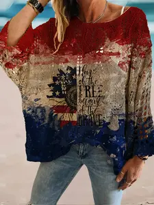 Independence Day Summer Round Neck Rhombus Hollow Out Bat Sleeve Sweater, Letter Print Loose Fit Boho Vest, Casual Elegant Commute Versatile