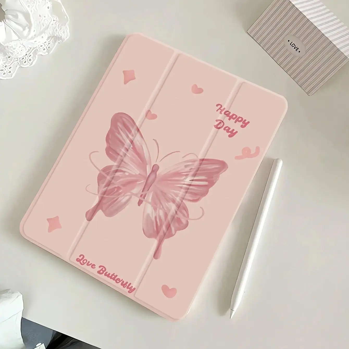 Luxury Slim Fit Shockproof Trifold Tablet Cover with Pink Butterfly Pattern, TPU Shell, Bracket, Pen Slot - Durable Thermoplastic Polyurethane Accessory Compatible with iPad mini4/mini6, 2017/2019 Model, 2020 Full Screen/2024 Pro, Air 5/10th Generation