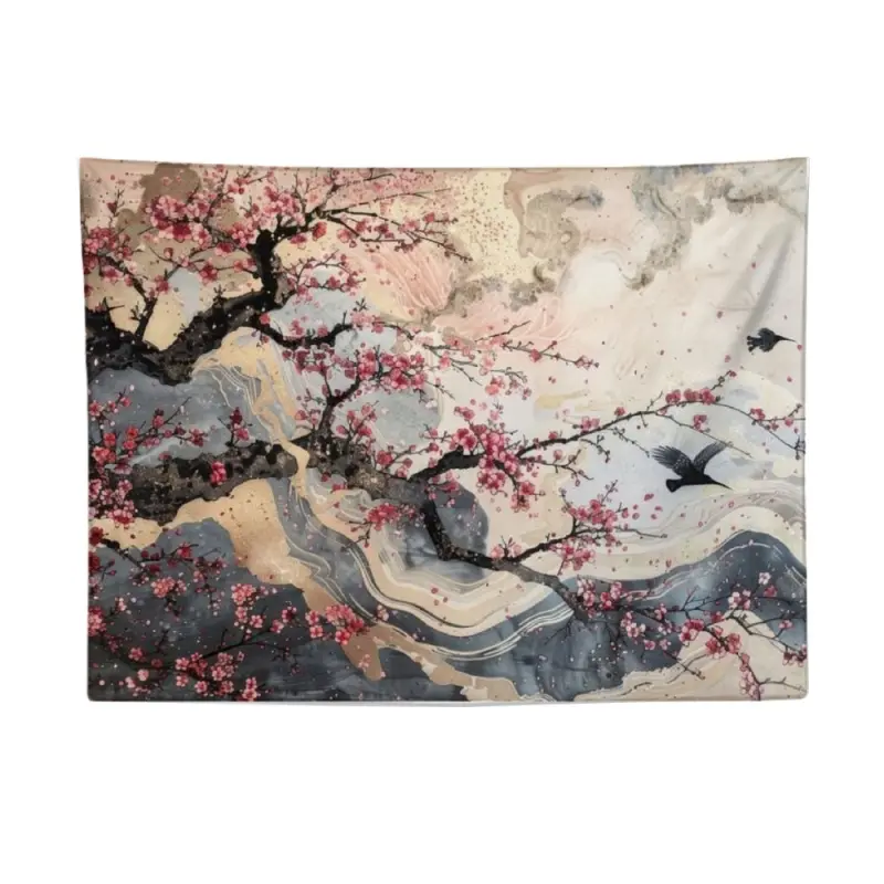 Traditional Japanese Ukiyo-e Print Tapestry, Crane & Cherry Blossom Oriental Vintage Landscape Wall Hanging, Polyester Machine Washable Home Decor for Bedroom Dorm Banner