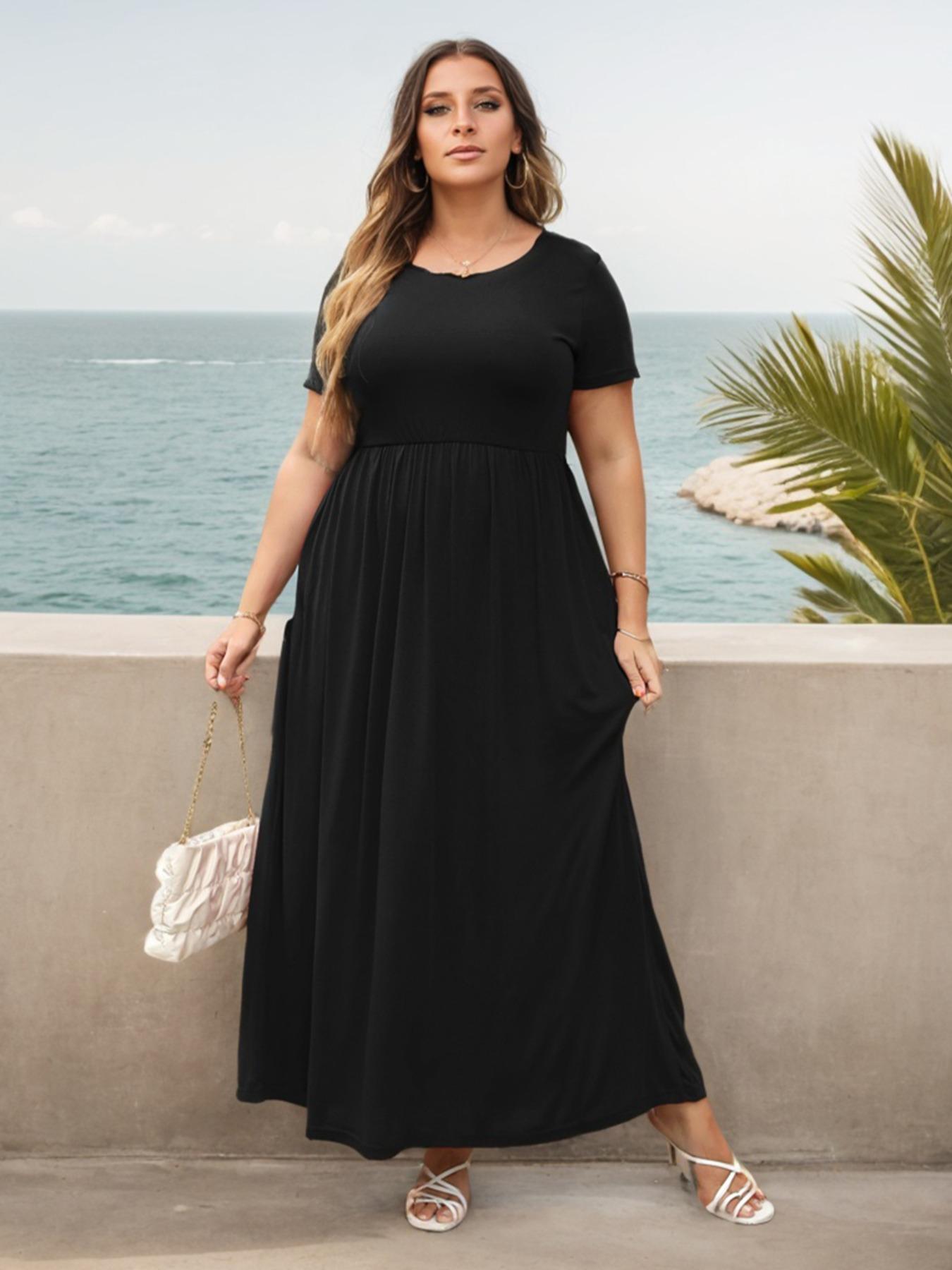 Plus Size Floral Print Short Sleeve A-line Dress with Pockets, Summer Dress, Boho Vintage Dresses for Holiday, Casual Everyday Wear, Modest Dresses