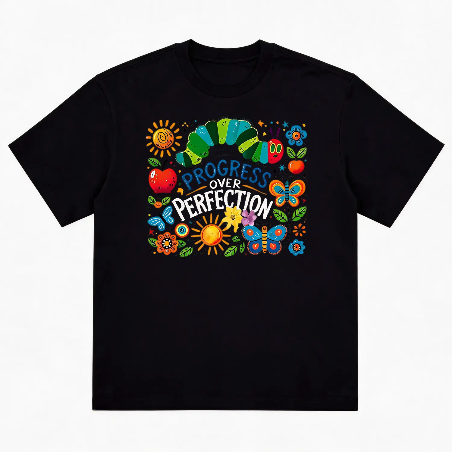 Unisex Vintage Graphic T-Shirt |     Trendy Streetwear Tee with Colorful Caterpillar & "Progress Over Perfection" Print |     Soft Cotton Casual Short Sleeve Top |     Men's Summer Graphic Shirt